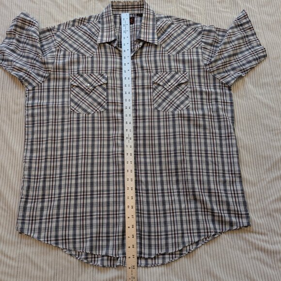 Plains Western Wear Pearl Snap front shirt blue white red plaid XL EUC - Picture 6 of 10